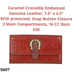 Genuine leather croc embossed wallet, 7.5" x 4.5"